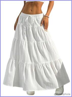 Boho Flowy White Maxi Skirt Flared Ruffle Elastic Waist Summer A Line Long Skirt